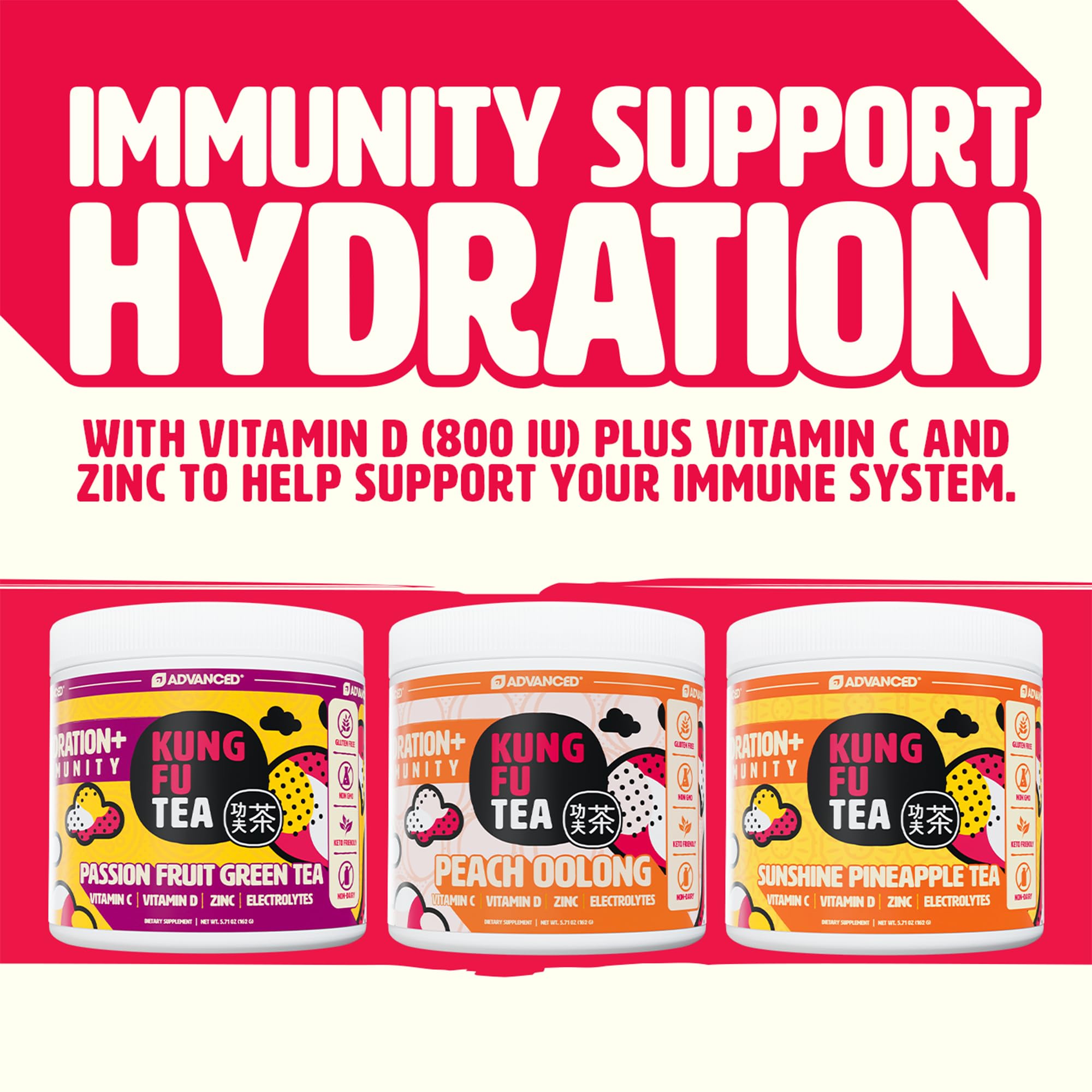 Advanced Kung Fu Tea zero sugar packaging signaling a keto-friendly, calorie-conscious option.