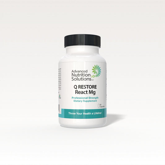 Advanced Nutrition Solutions Q Restore React Mg bottle front highlighting cardiovascular support