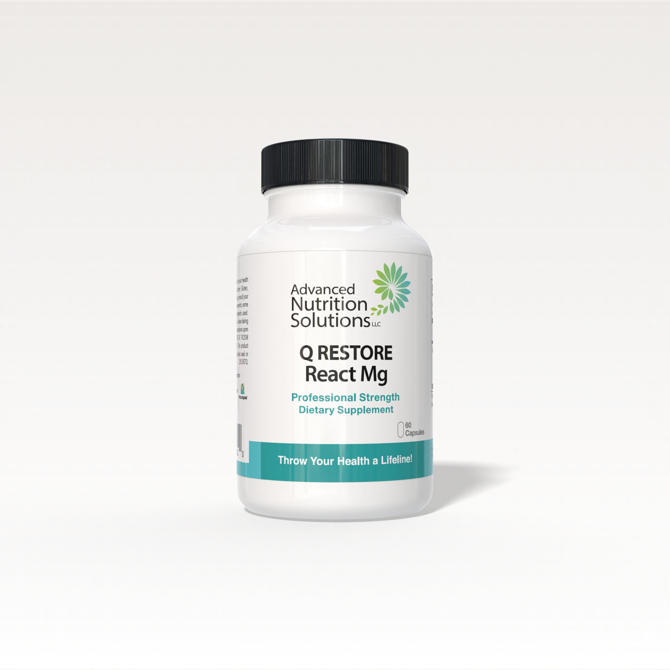 Advanced Nutrition Solutions Q Restore React Mg bottle front highlighting cardiovascular support