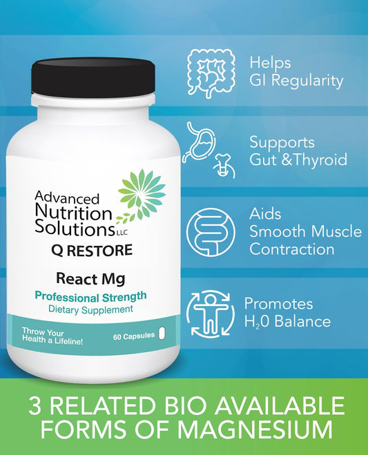 Advanced Nutrition Solutions Q Restore React Mg capsules close-up emphasizing energy production