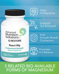 Advanced Nutrition Solutions Q Restore React Mg capsules close-up emphasizing energy production