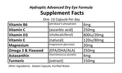 Hydroptic ingredients label featuring astaxanthin, omega-3s, and vitamins for eye wellness.