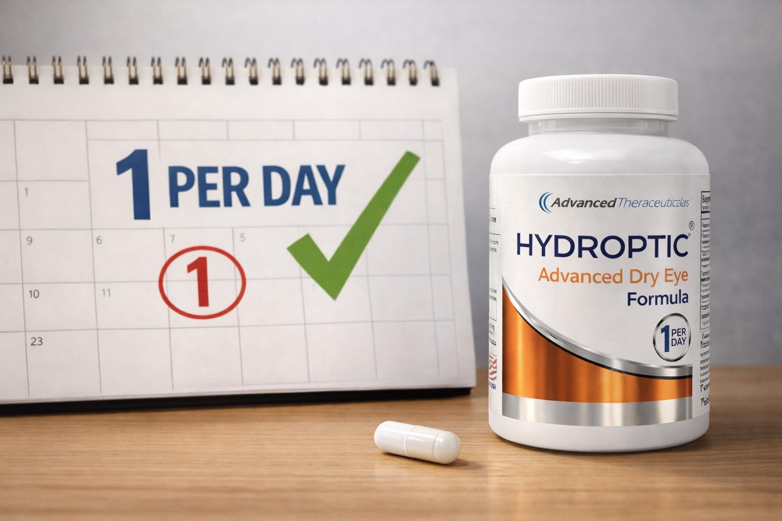 Hydroptic packaging emphasizes six-month supply and travel-friendly size.