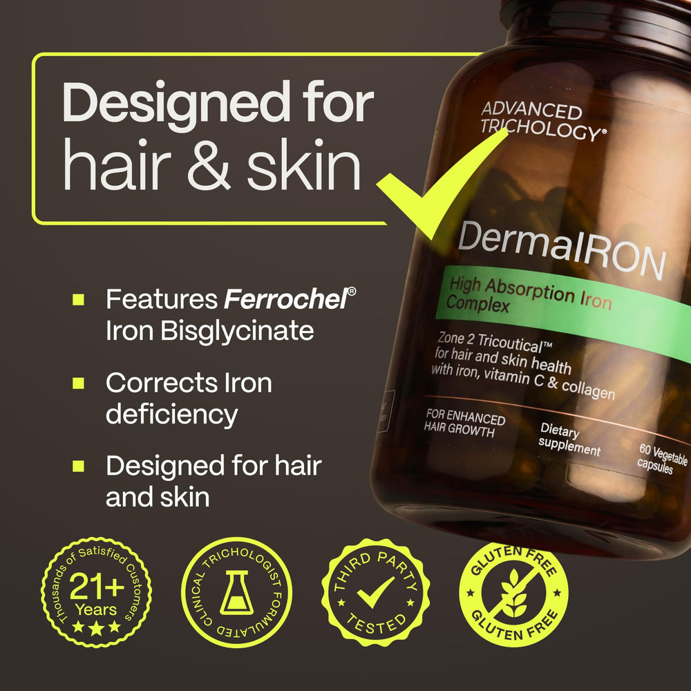 Advanced Trichology DermaIRON label closeup with gluten-free and collagen details