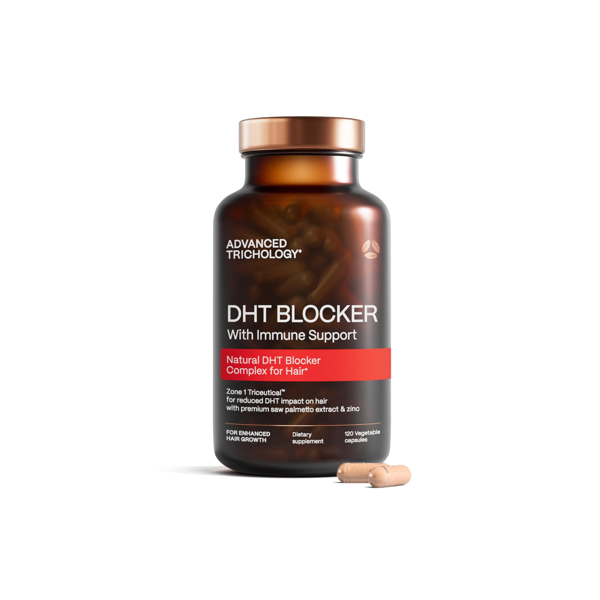 Advanced Trichology DHT Blocker bottle pour for easy daily use in thinning hair support