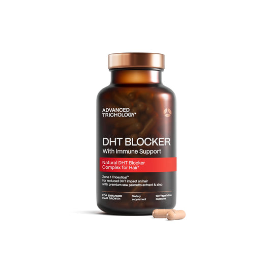 Advanced Trichology DHT Blocker bottle pour for easy daily use in thinning hair support