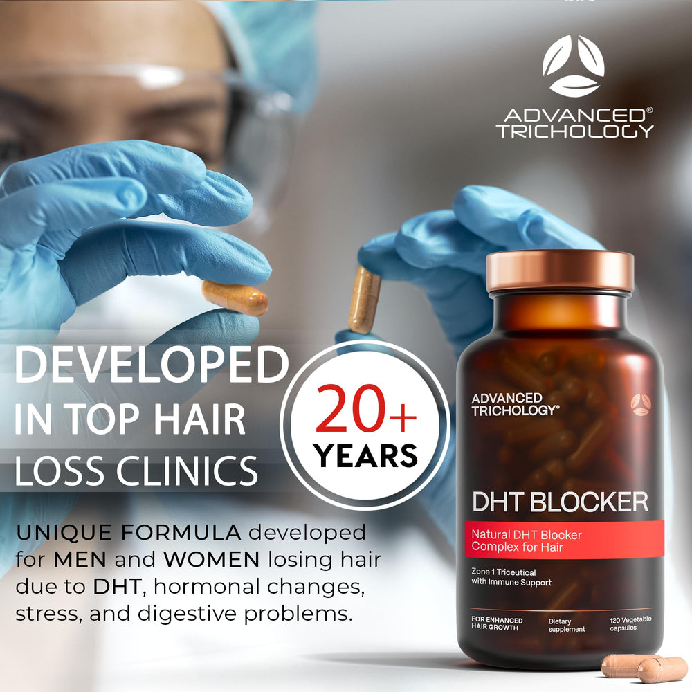 Advanced Trichology DHT Blocker label design emphasizing credibility for thinning hair support