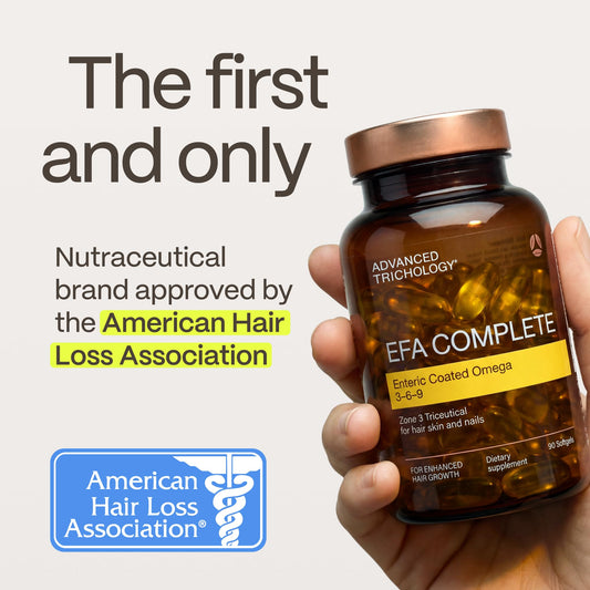 Advanced Trichology EFA Complete bottle back reveals ingredients for informed choices