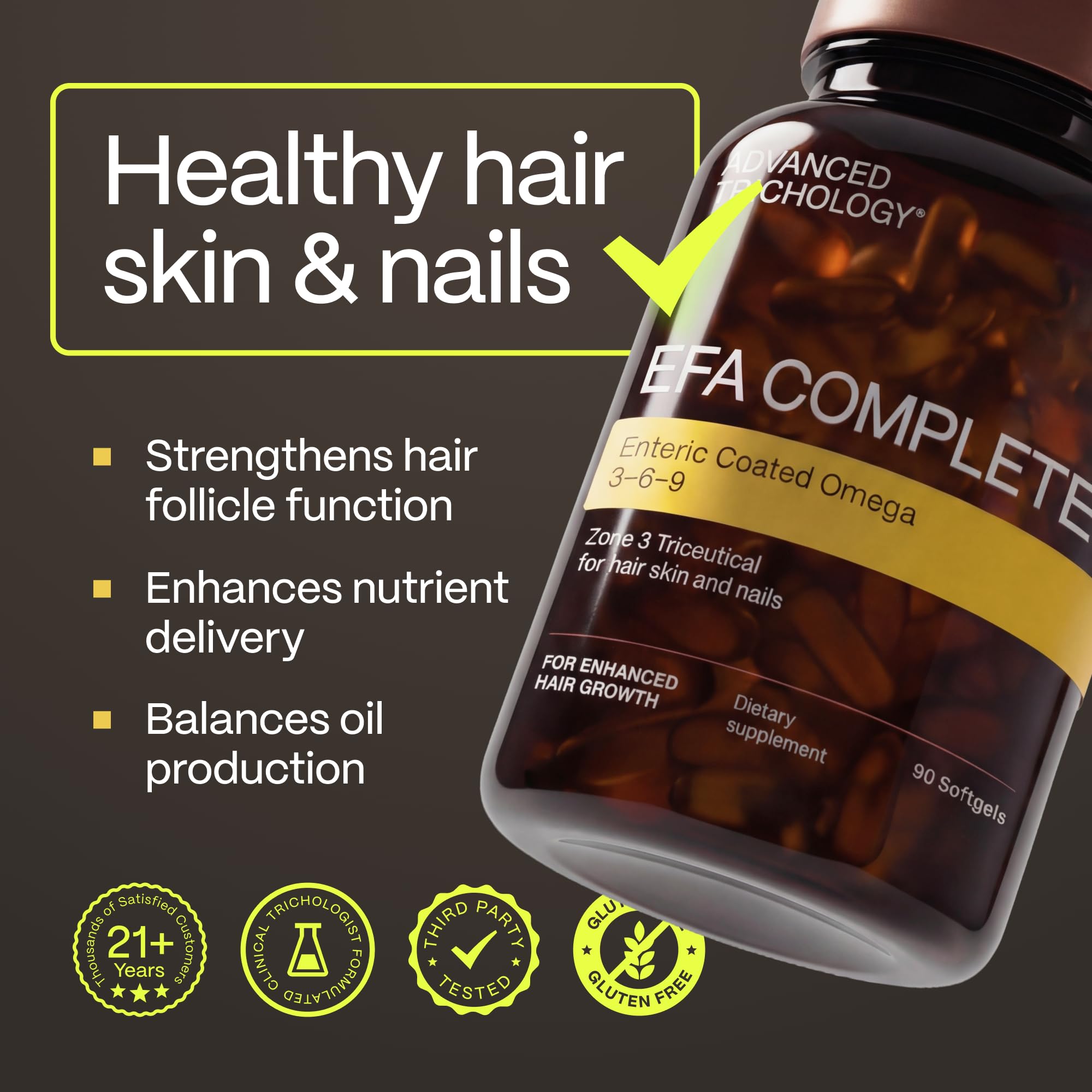 Advanced Trichology EFA Complete capsules inside for convenient daily omega intake
