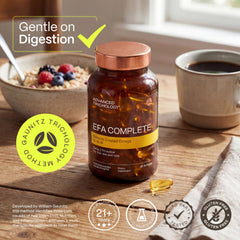 Advanced Trichology EFA Complete label highlights third-party testing and omega potency