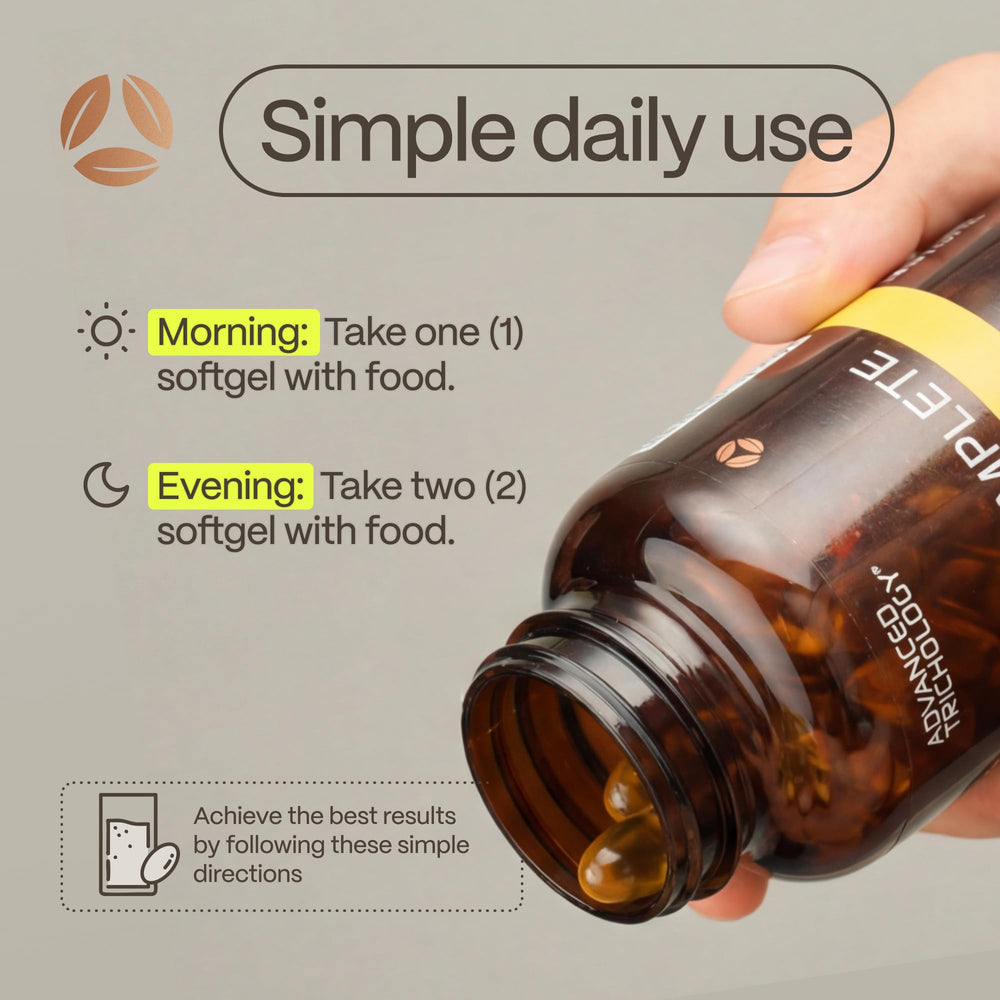Advanced Trichology EFA Complete nutrition card closeup with serving and ingredients