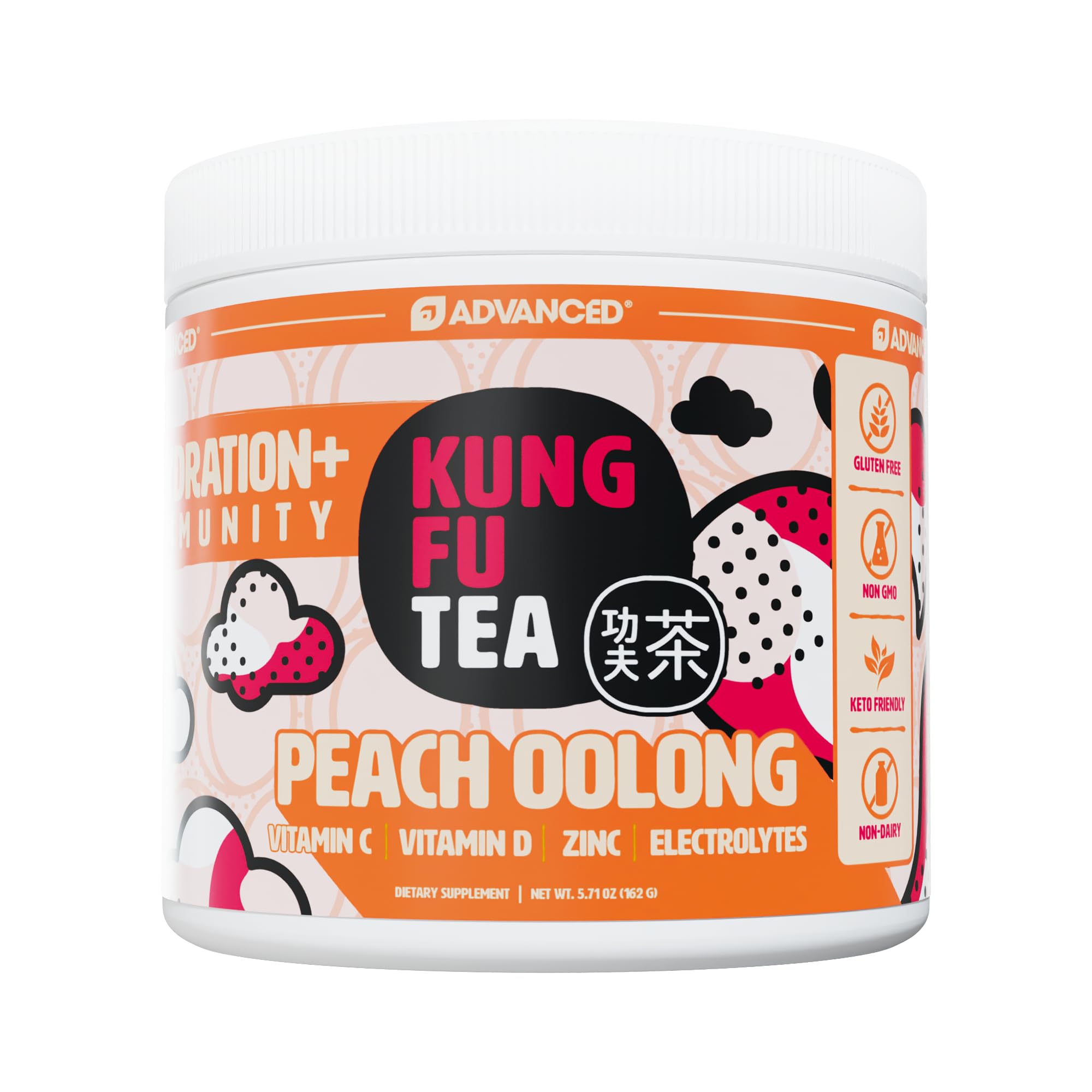 Advanced Peach Oolong hydration powder bottle pour highlights zero sugar and electrolytes.