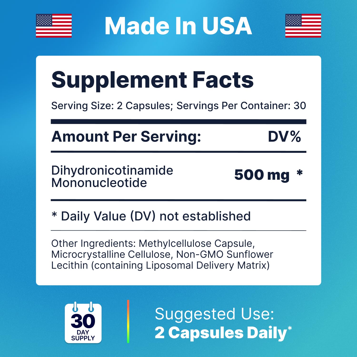 AdvantageNutra NMNH 500mg vegan-friendly, gluten-free, non-GMO formula closeup.