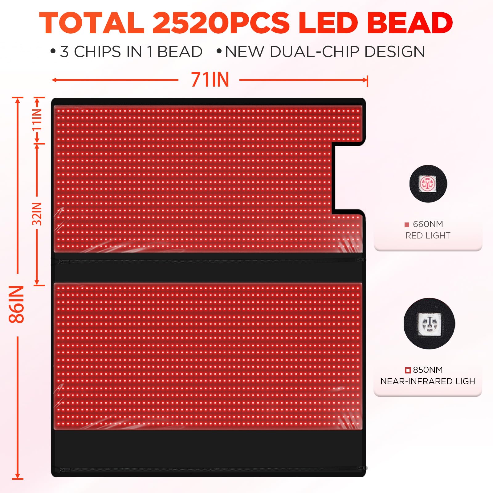 ADVARAYS 2520 LEDs with 660nm and 850nm wavelengths for comprehensive light therapy.