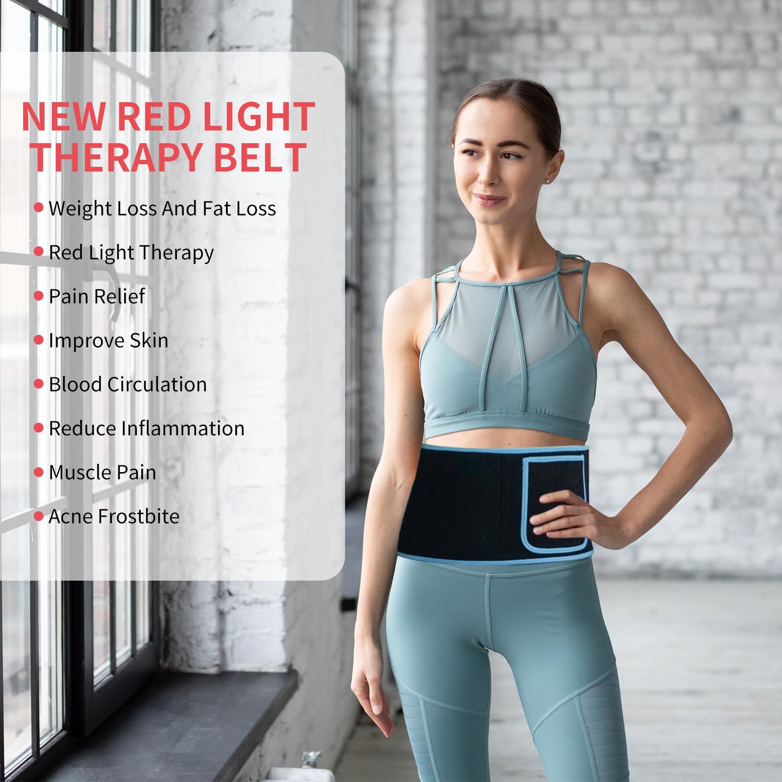 ADVARAYS red light therapy belt draped on the neck for soothing warmth and light exposure.