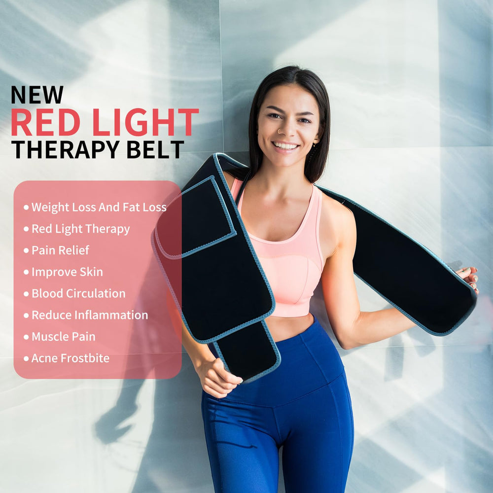 ADVARAYS red light therapy belt positioned on the abdomen for gentle heat and light exposure.