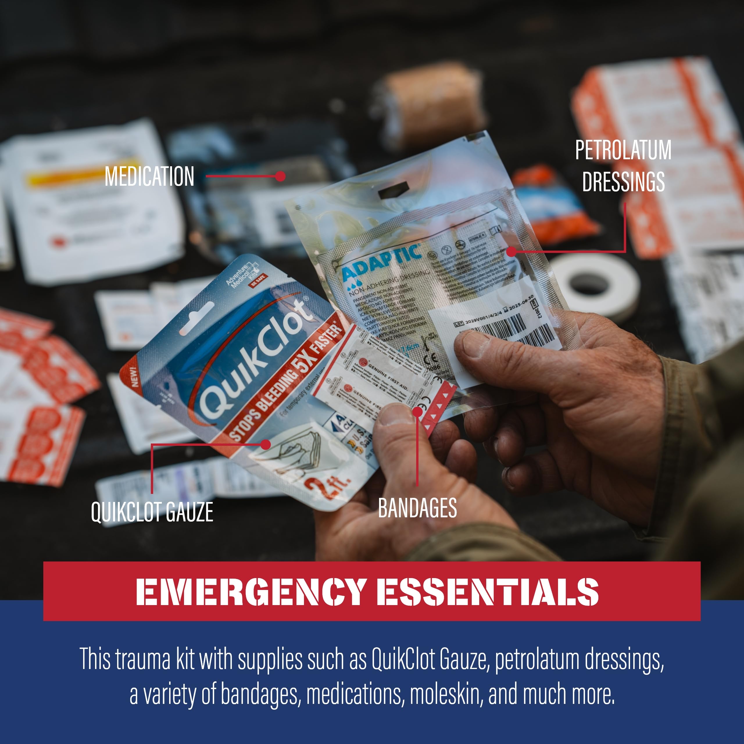 Pain relief medications in the Field Trauma Kit support comfort on trips.