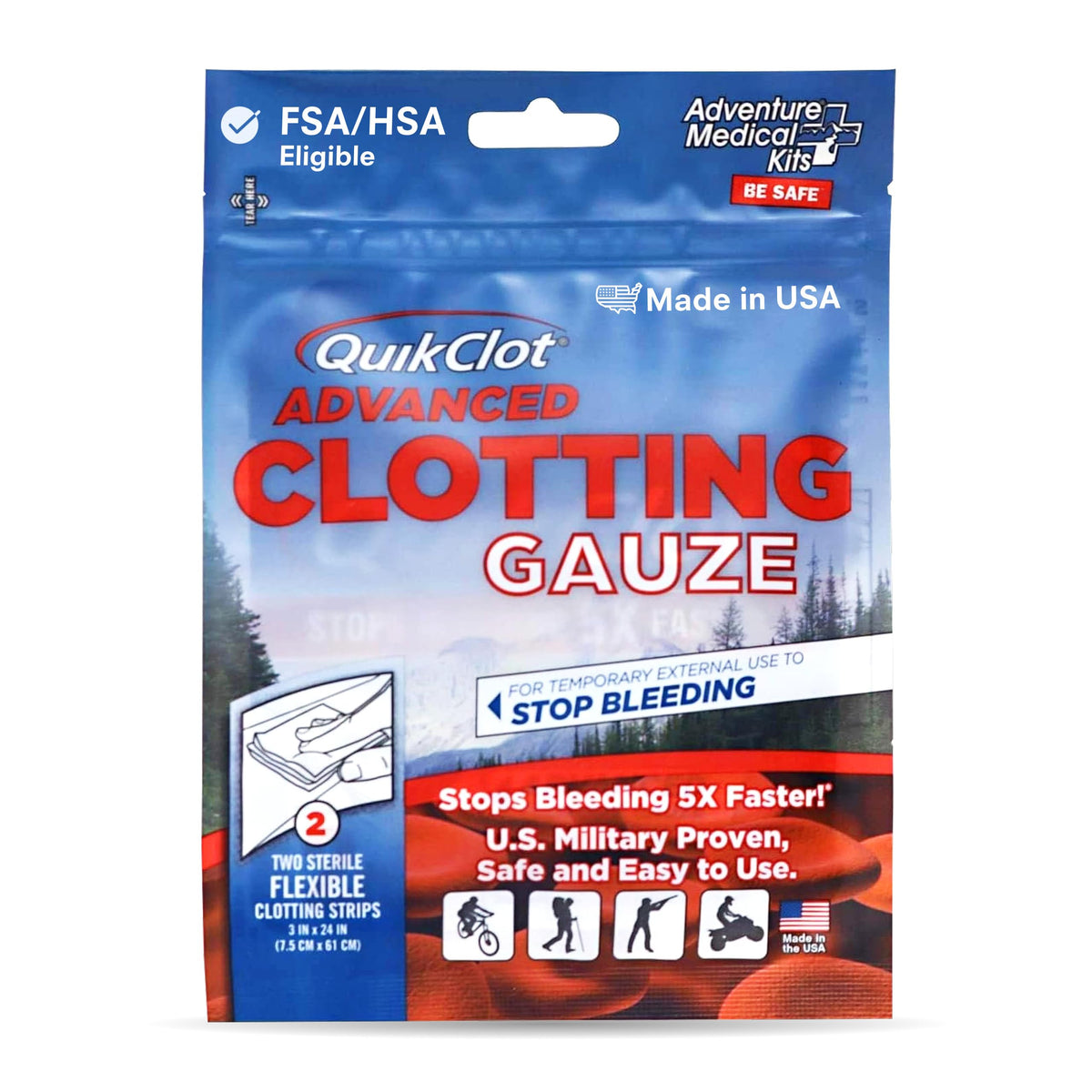 Adventure Medical Kits QuikClot Advanced Clotting Gauze pack front for rapid bleeding control.