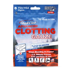 Adventure Medical Kits QuikClot Advanced Clotting Gauze pack front for rapid bleeding control.