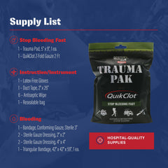 Trauma Pak black pouch fits in medical, iFAK, or survival kits.