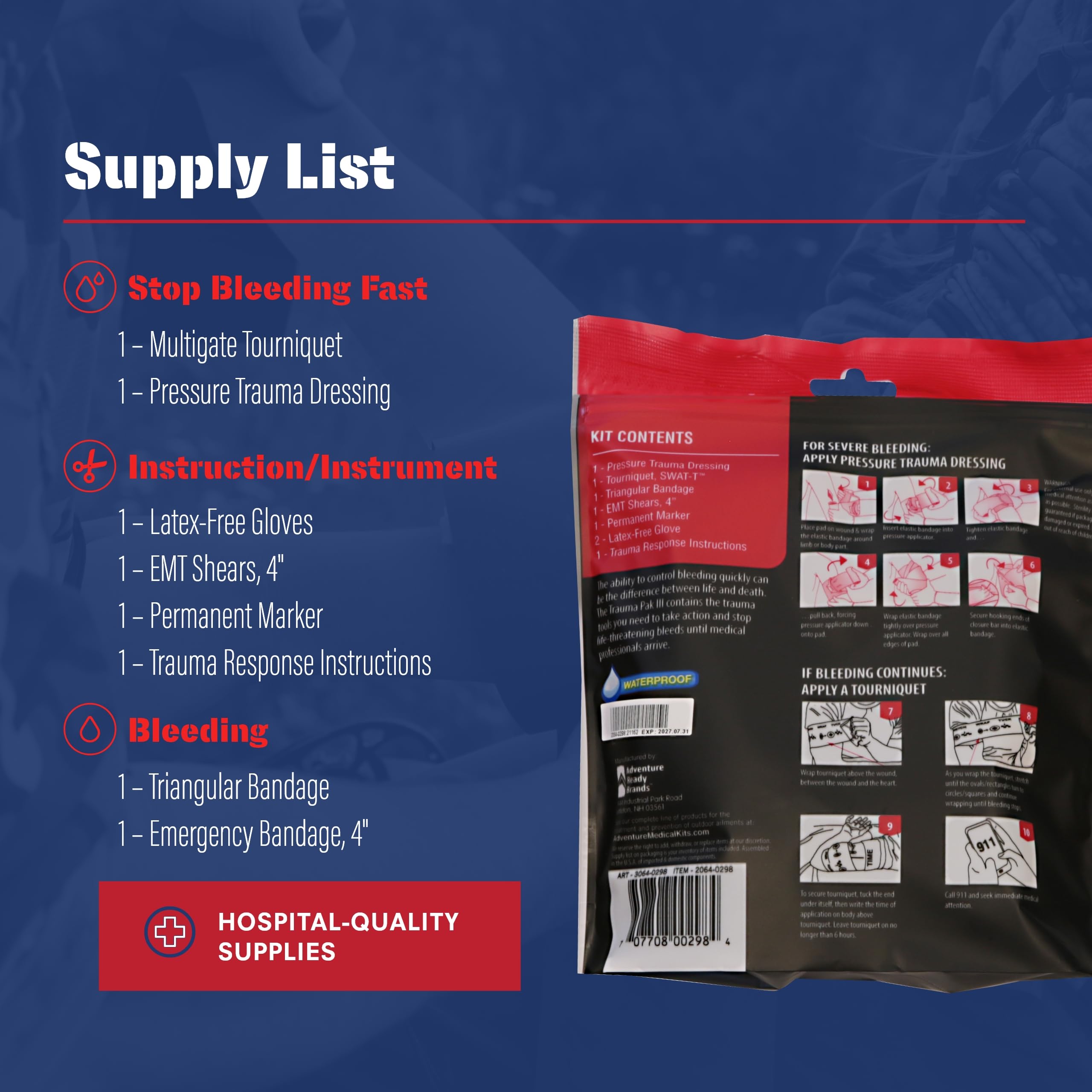 Adventure Medical Kits Trauma Pak III marker notes tourniquet time for documentation.