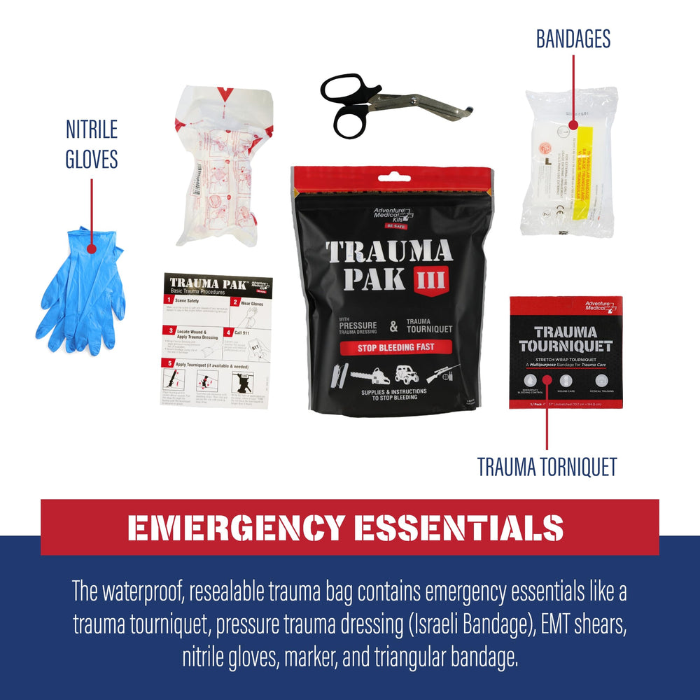Adventure Medical Kits Trauma Pak III nitrile gloves ensure hygienic handling.