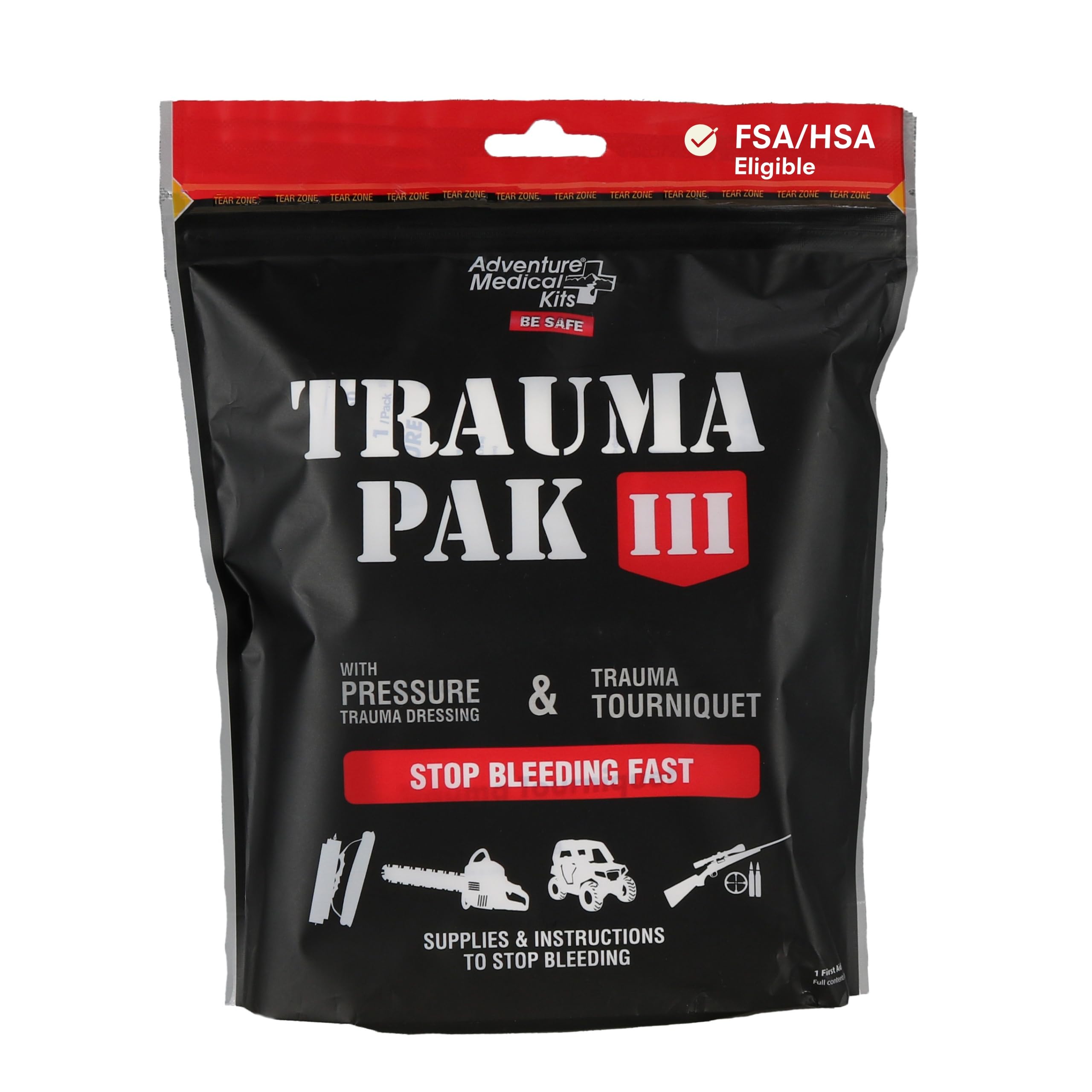 Adventure Medical Kits Trauma Pak III tourniquet for rapid bleed control in emergencies.
