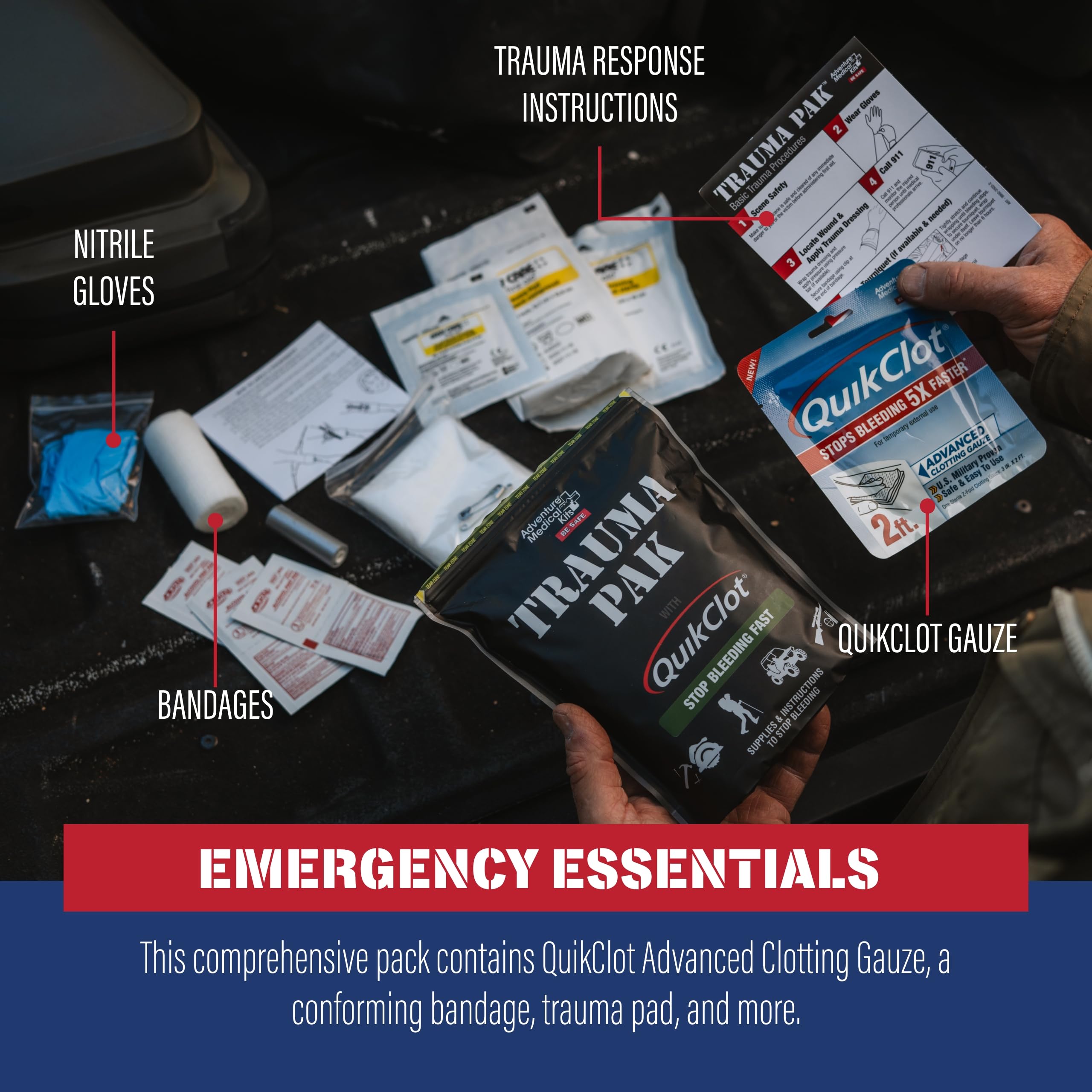 Trauma Pak triangular bandage included for versatile field stabilization.