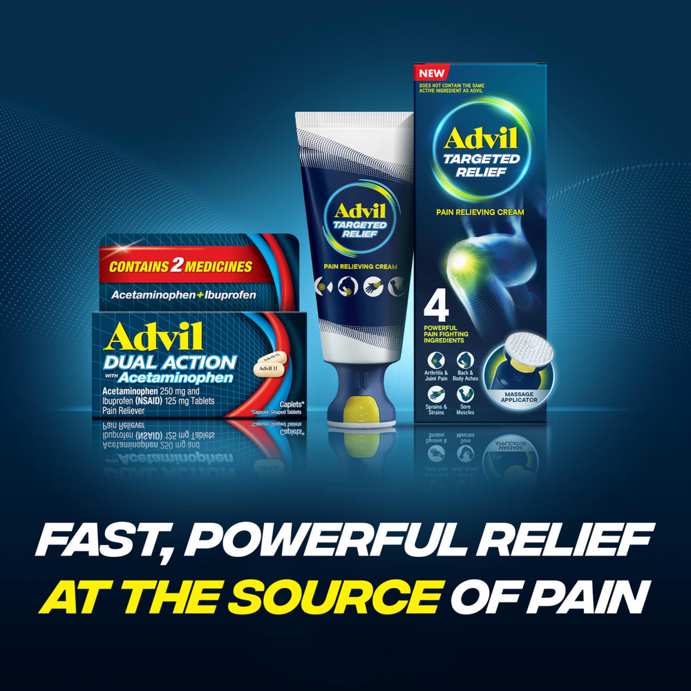 Advil Dual Action bottle indicating up to 8 hours of relief.