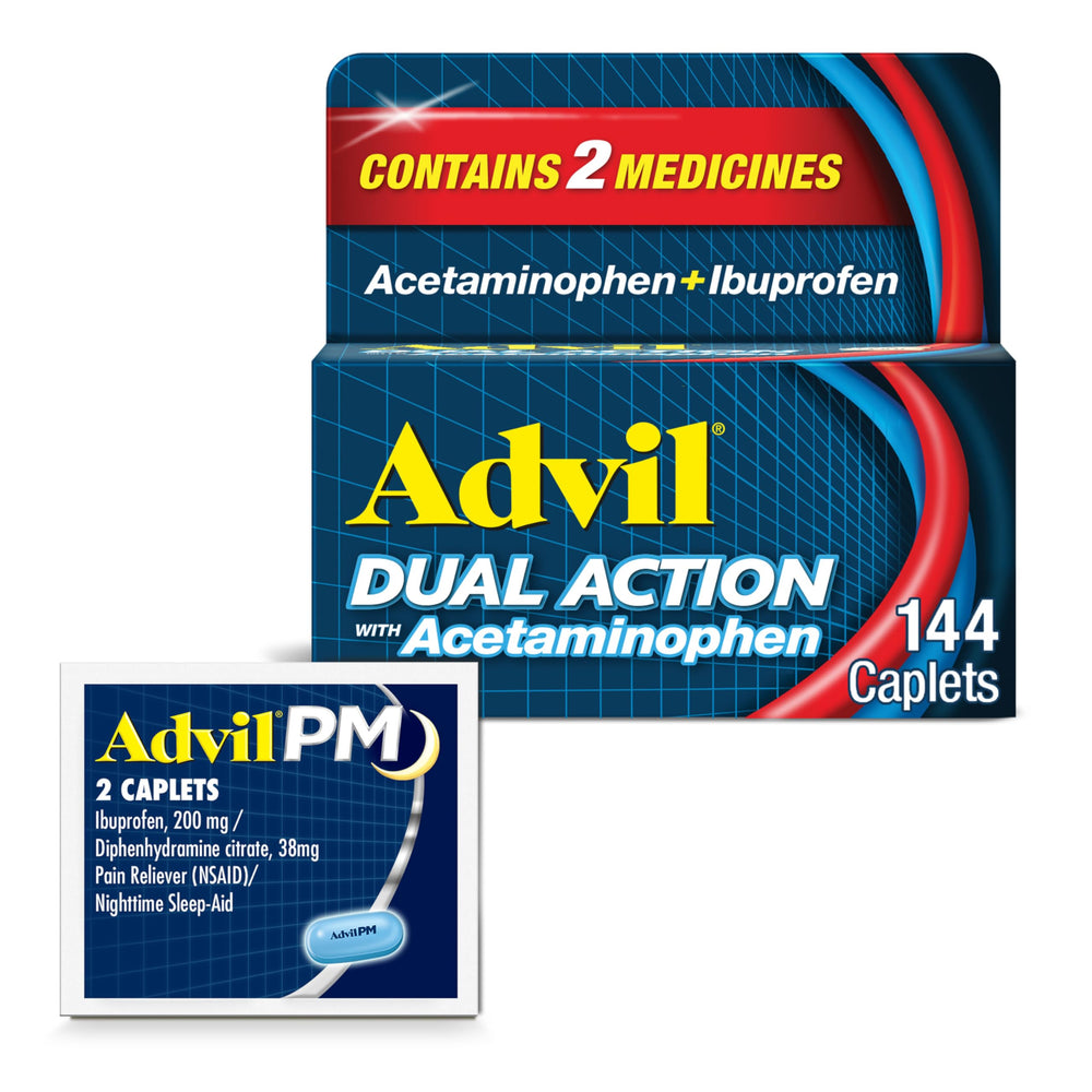 Advil Dual Action bottle caplets ready for quick, dual-action relief.