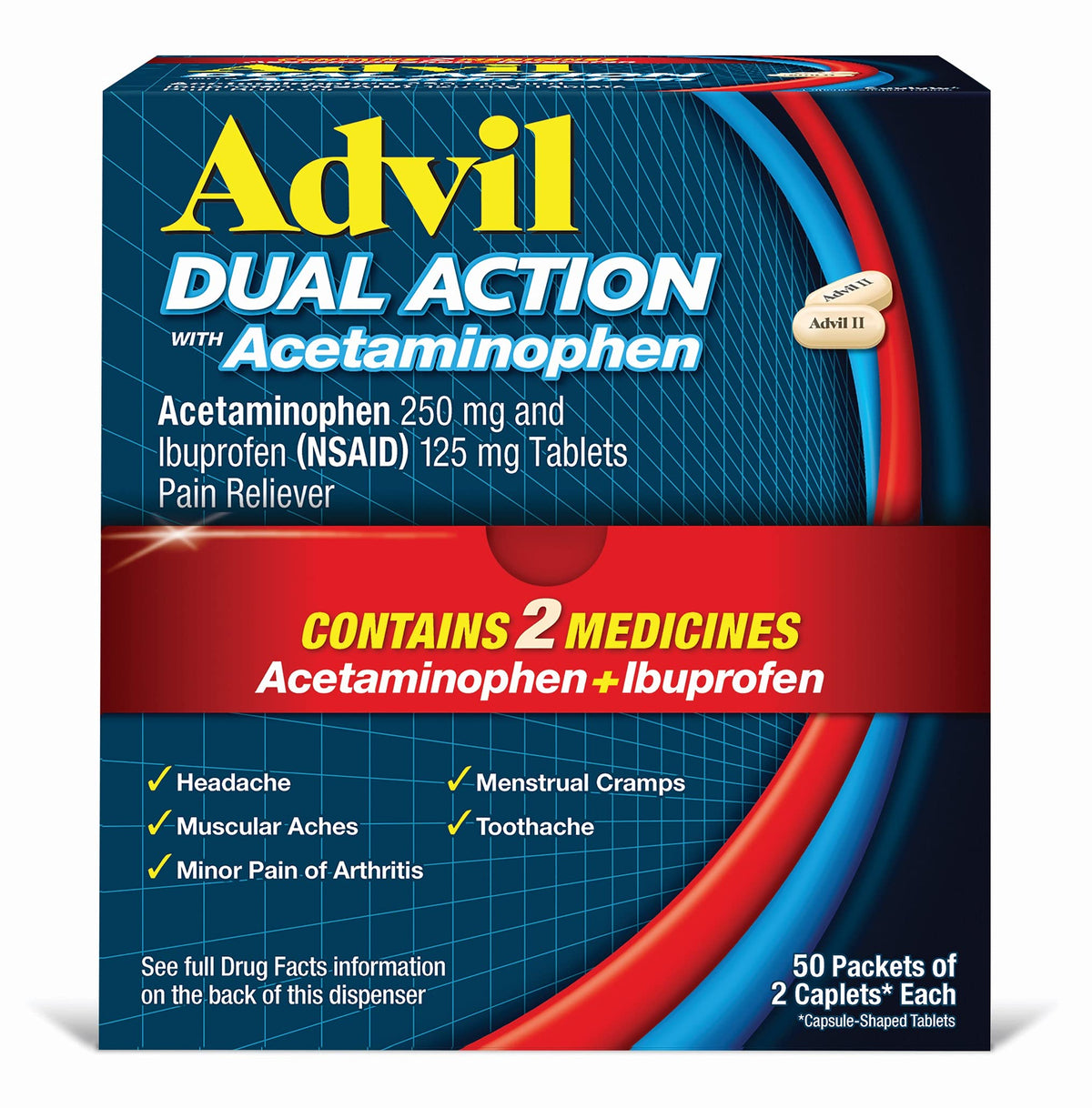 Advil Dual Action bottle front showcases packaging for easy at-home pain relief.