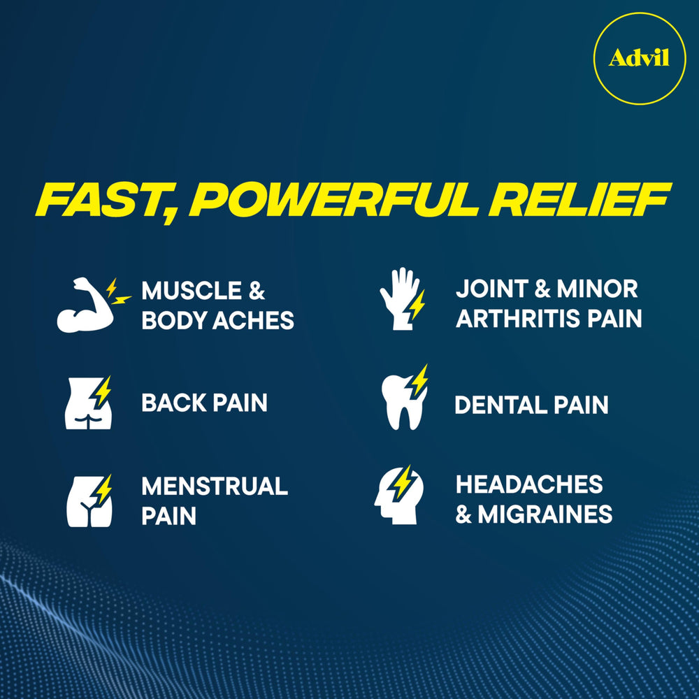 Advil Dual Action dosage label zoom emphasizes 8-hour relief guidance.