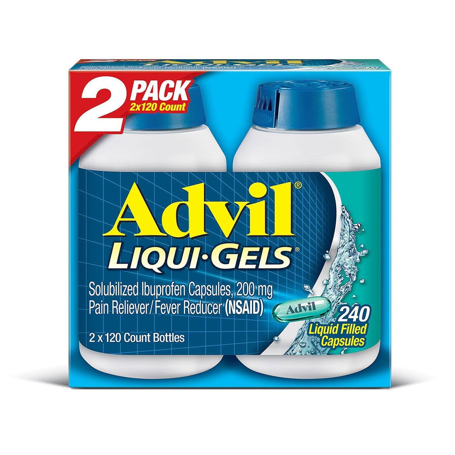 Advil Liqui-Gels bottle close-up showing quick relief for headaches.