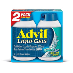 Advil Liqui-Gels bottle close-up showing quick relief for headaches.