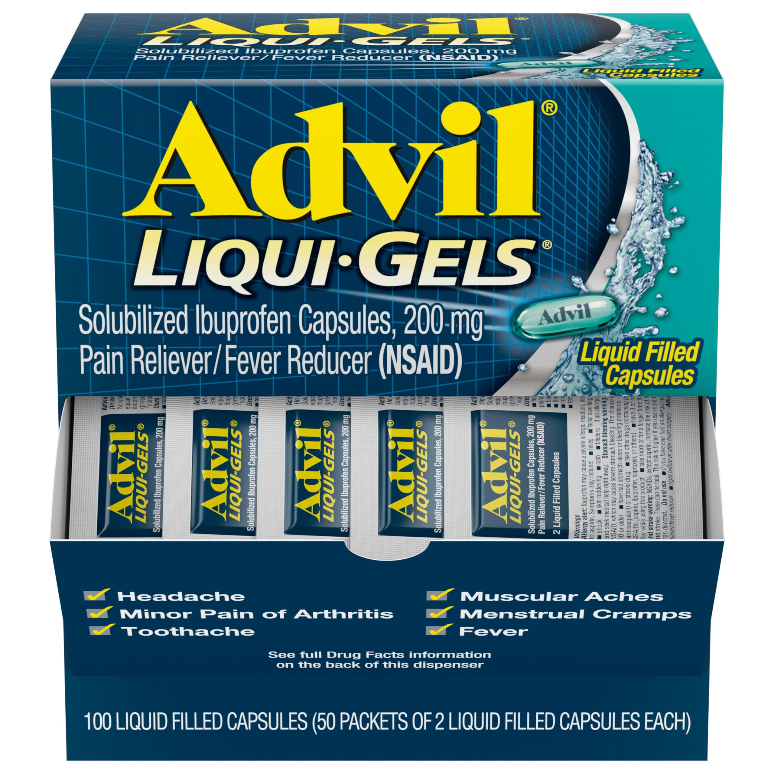 Advil Liqui-Gels packet on the go for fast relief.
