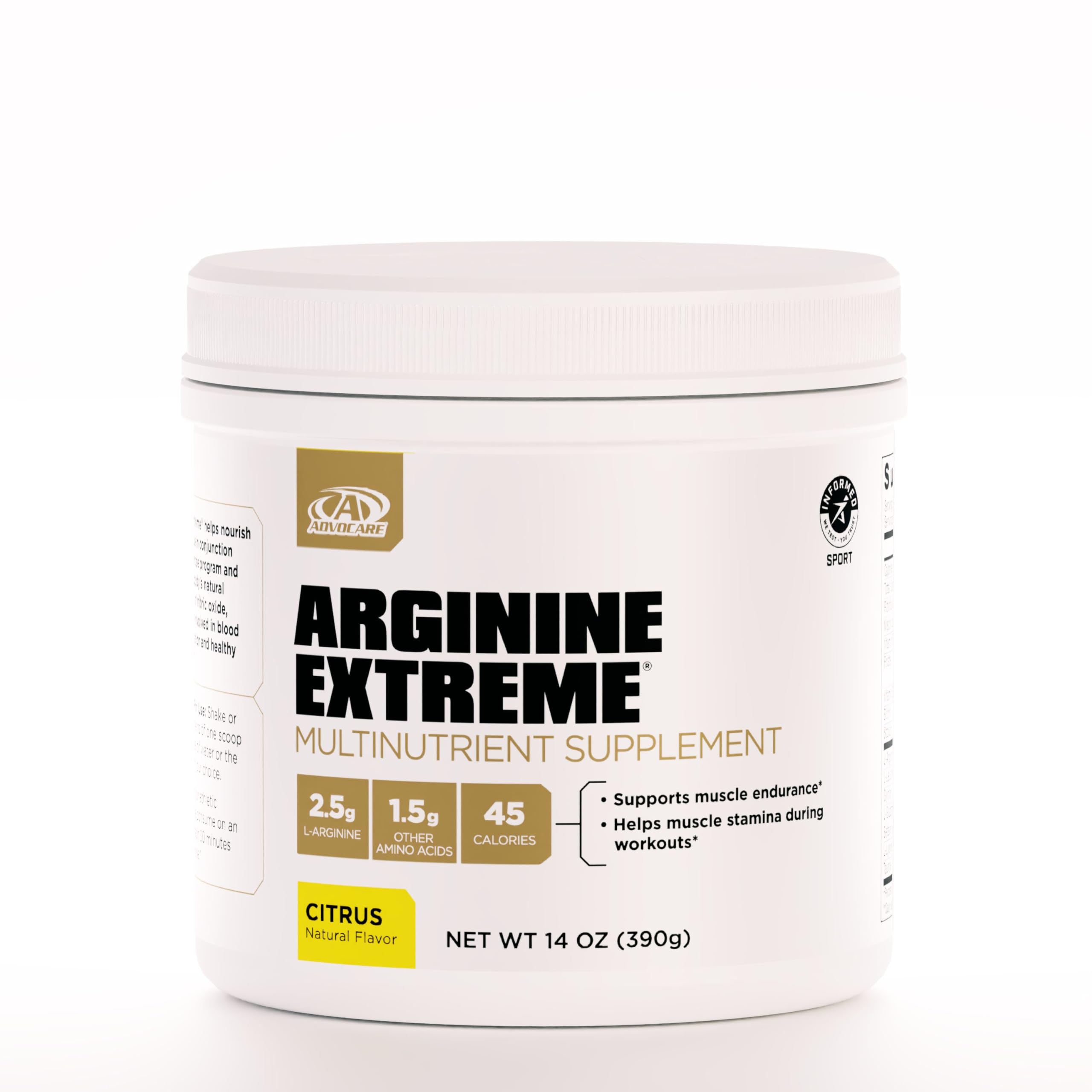 AdvoCare Arginine Extreme powder tub front for pre-workout support.
