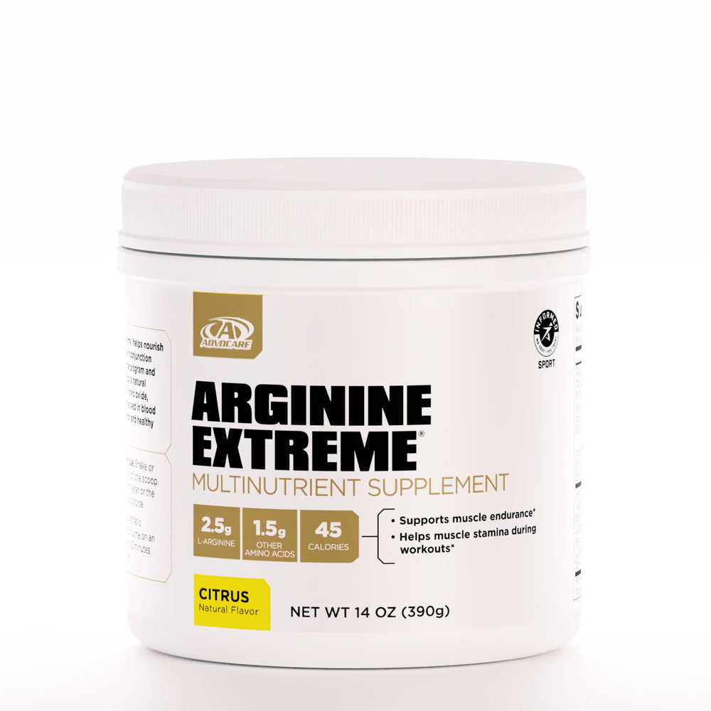 AdvoCare Arginine Extreme powder tub front for pre-workout support.