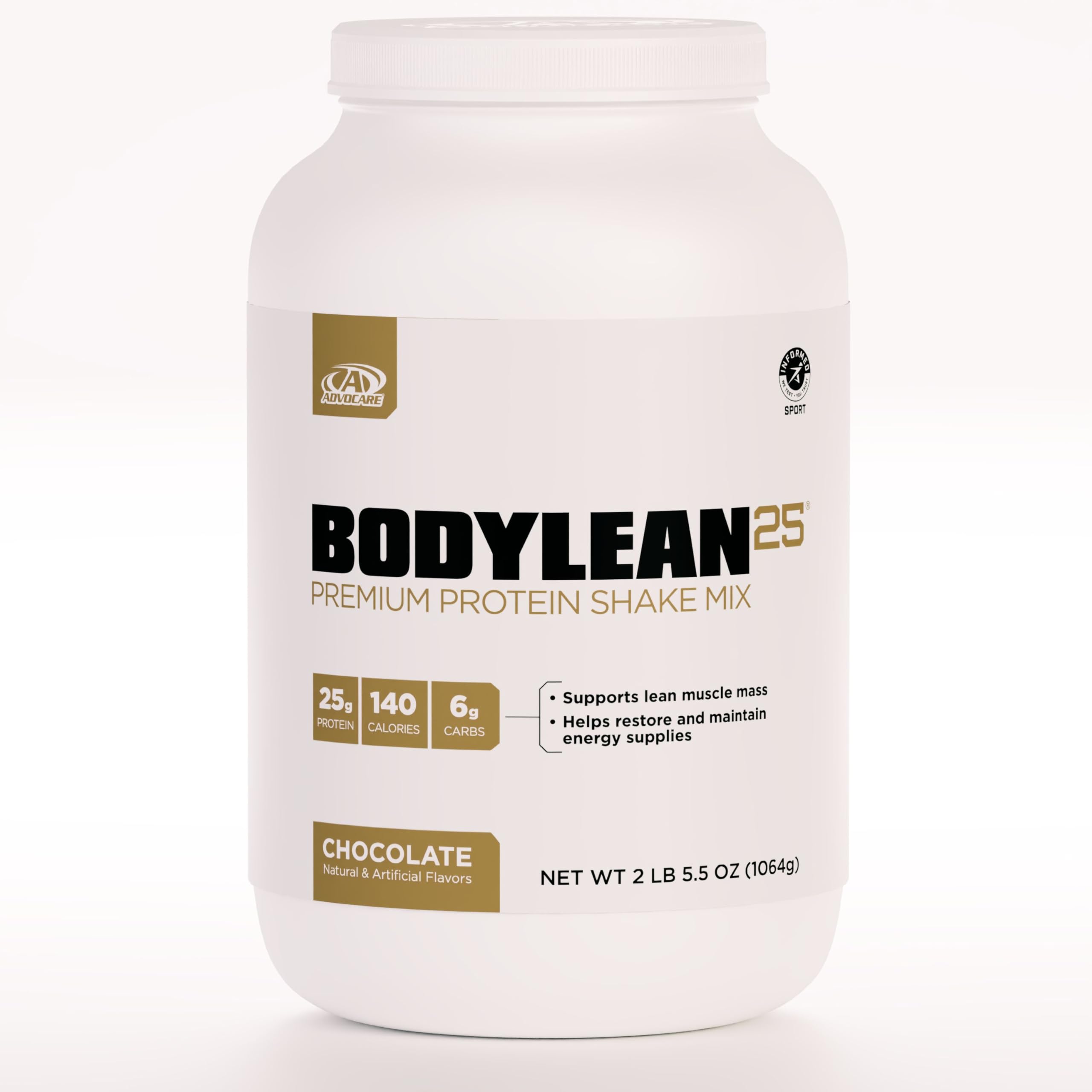 AdvoCare BodyLean25 chocolate powder tub highlights high-protein support for lean muscle.