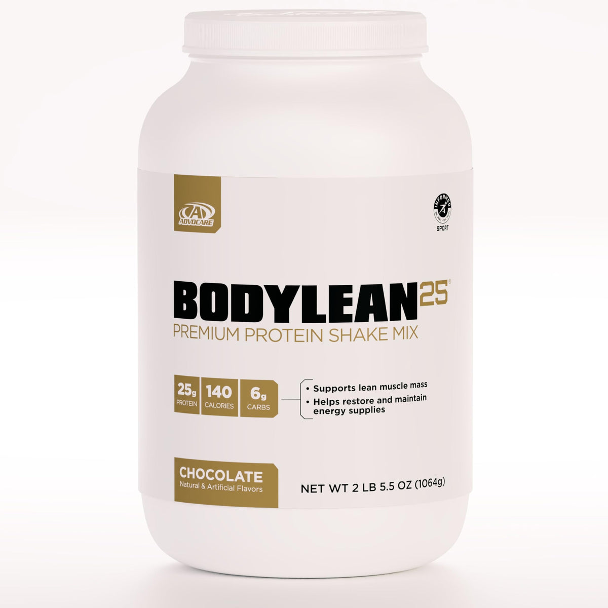 AdvoCare BodyLean25 chocolate powder tub highlights high-protein support for lean muscle.