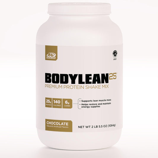 AdvoCare BodyLean25 chocolate powder tub highlights high-protein support for lean muscle.