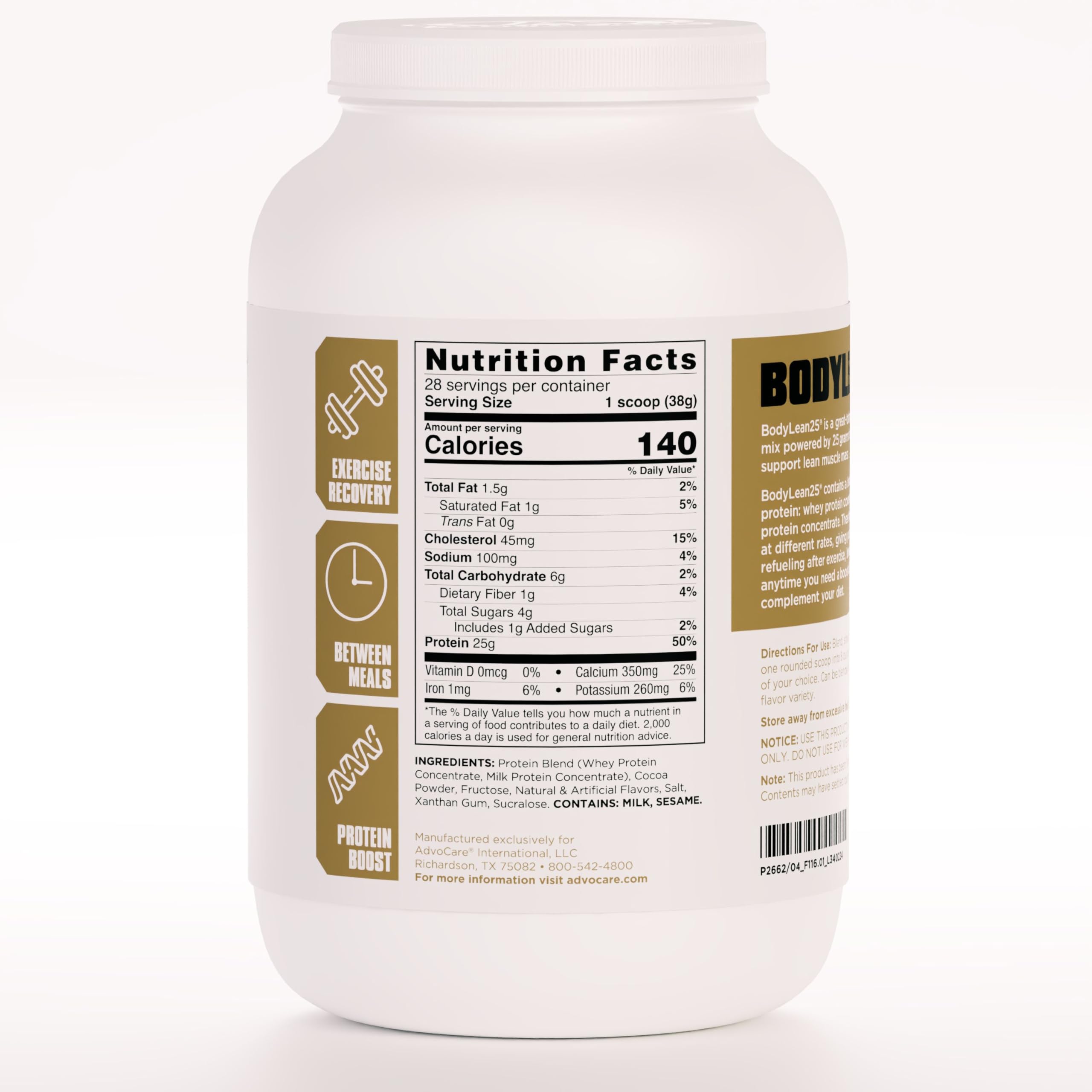 AdvoCare BodyLean25 tub front label indicates 25 g protein per serving.