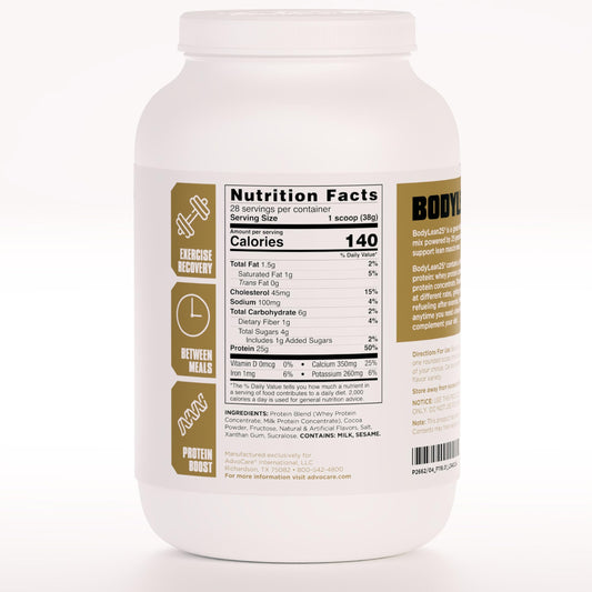 AdvoCare BodyLean25 tub front label indicates 25 g protein per serving.