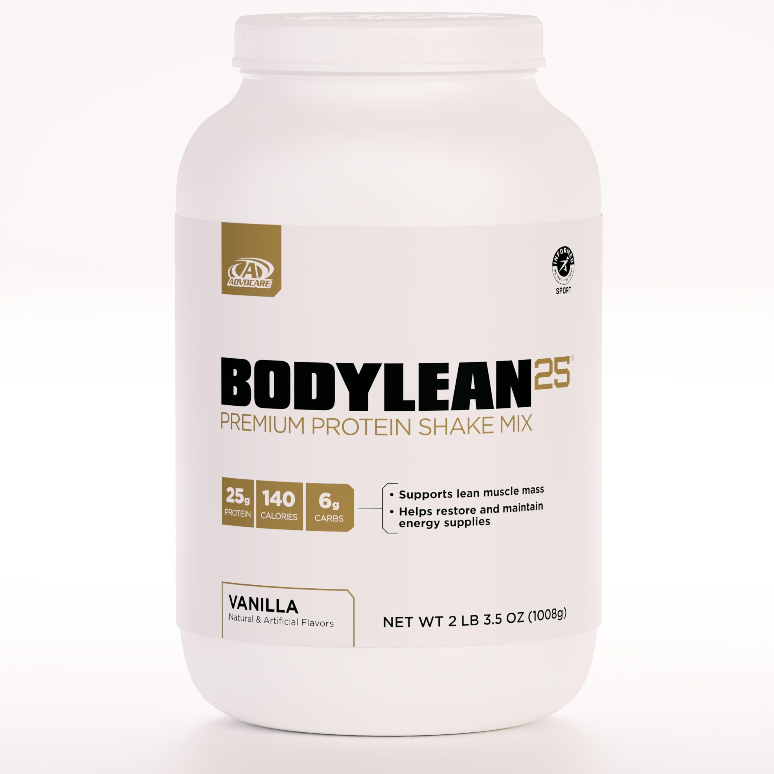 AdvoCare BodyLean25 whey isolate vanilla bottle supports lean body goals.