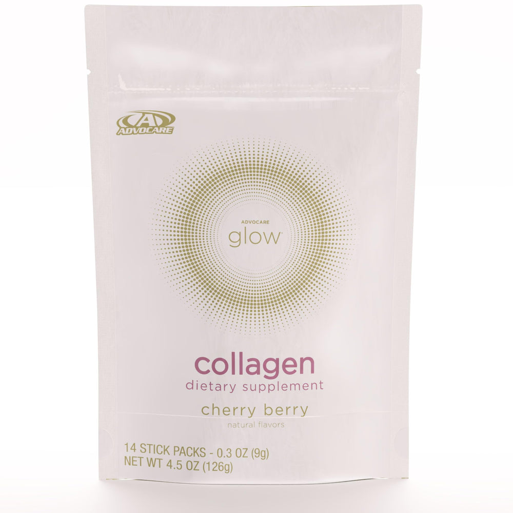 AdvoCare Glow collagen bottle showcasing premium marine collagen for skin and hair support