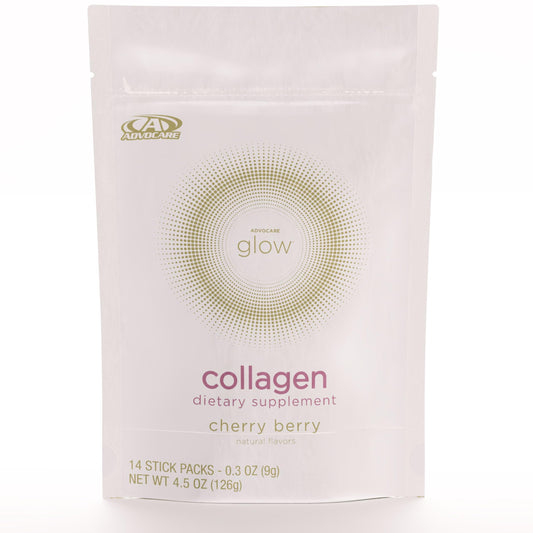 AdvoCare Glow collagen bottle showcasing premium marine collagen for skin and hair support