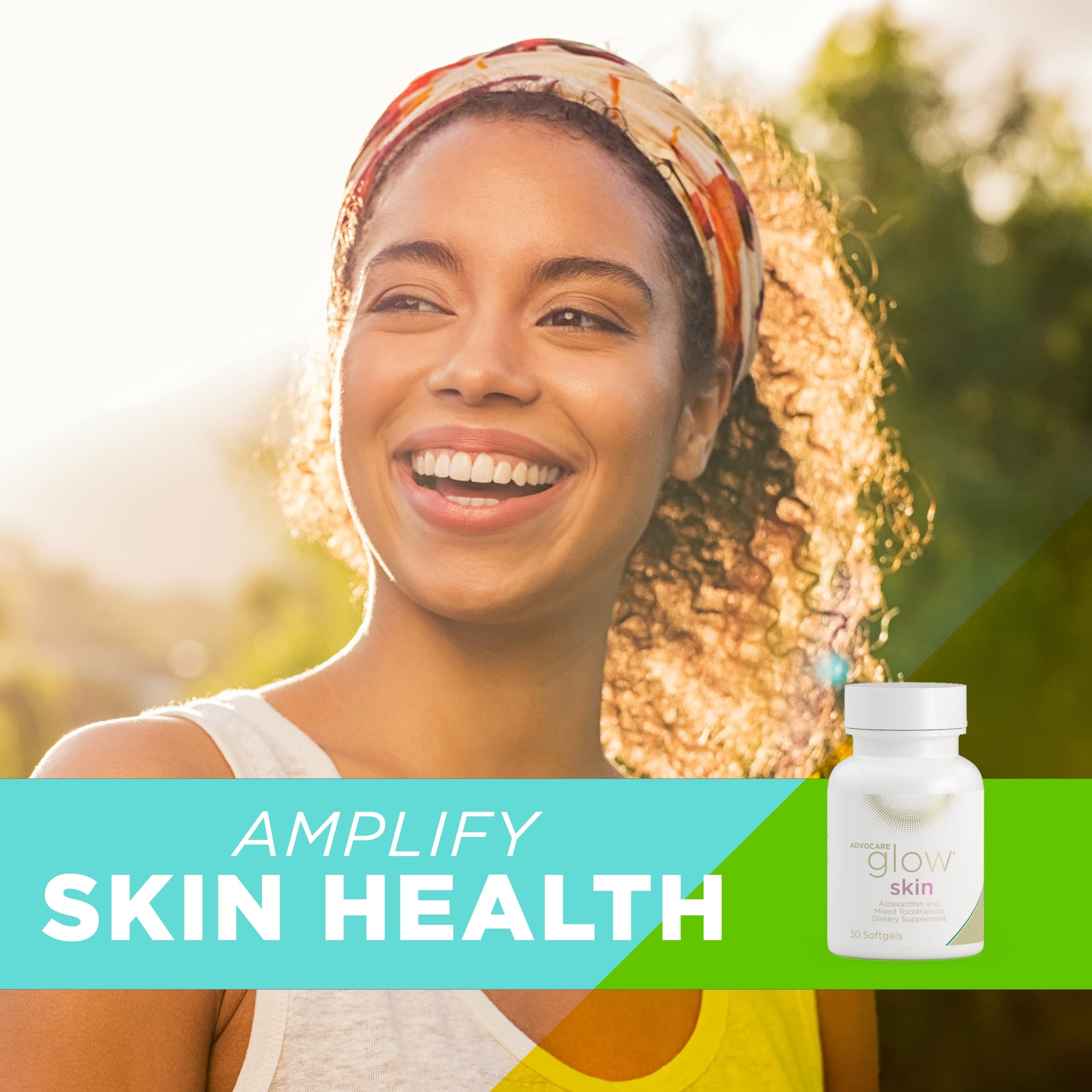 AdvoCare Glow Skin bottle in a lifestyle setting suggesting easy daily use