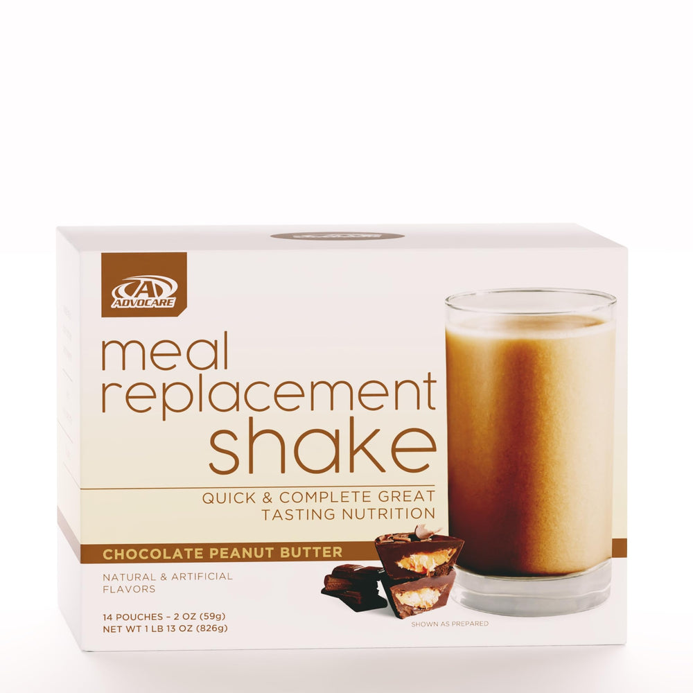 AdvoCare Meal Replacement Shake pouring in a glass, rich chocolate peanut butter flavor offers convenient fueling.