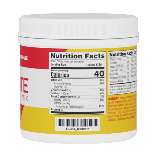 AdvoCare Rehydrate canister label highlights electrolytes and antioxidants for recovery support