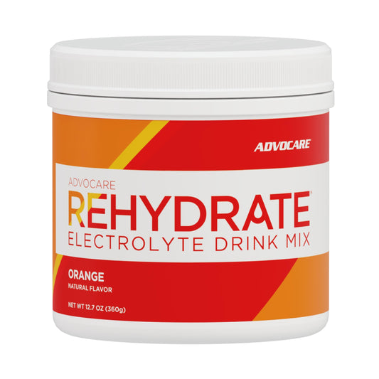 Advocare Rehydrate orange powder tub highlights hydration and electrolyte balance.
