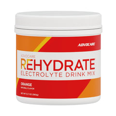Advocare Rehydrate orange powder tub highlights hydration and electrolyte balance.